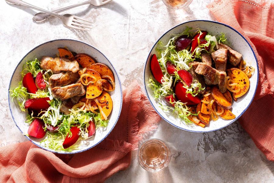 Pork and stone fruit salad with harissa-roasted sweet potato