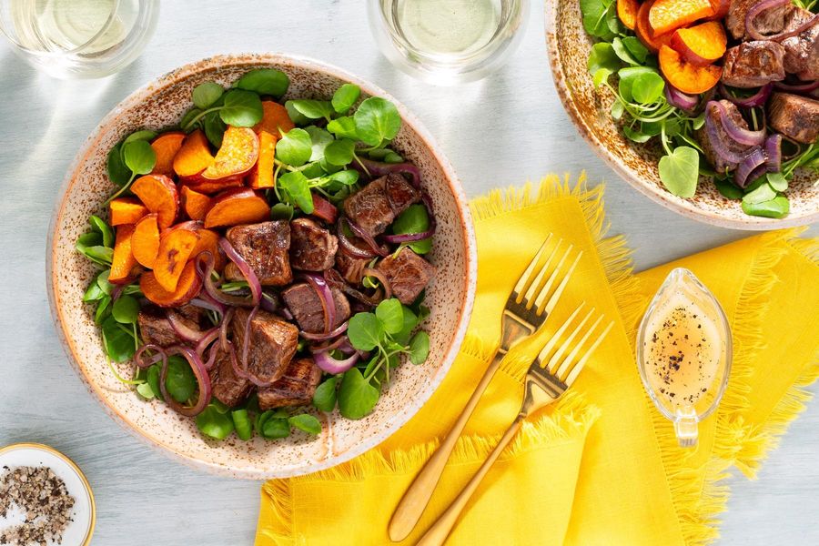 Vietnamese shaking beef with salt, pepper, and lime dipping sauce