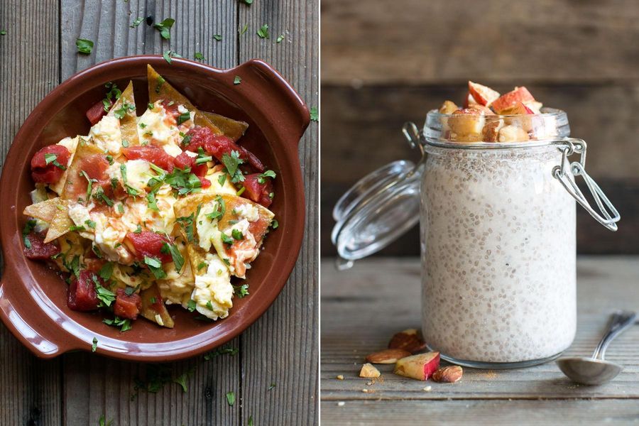 Black bean-tortilla scramble & Overnight chia pudding with apples and cinnamon