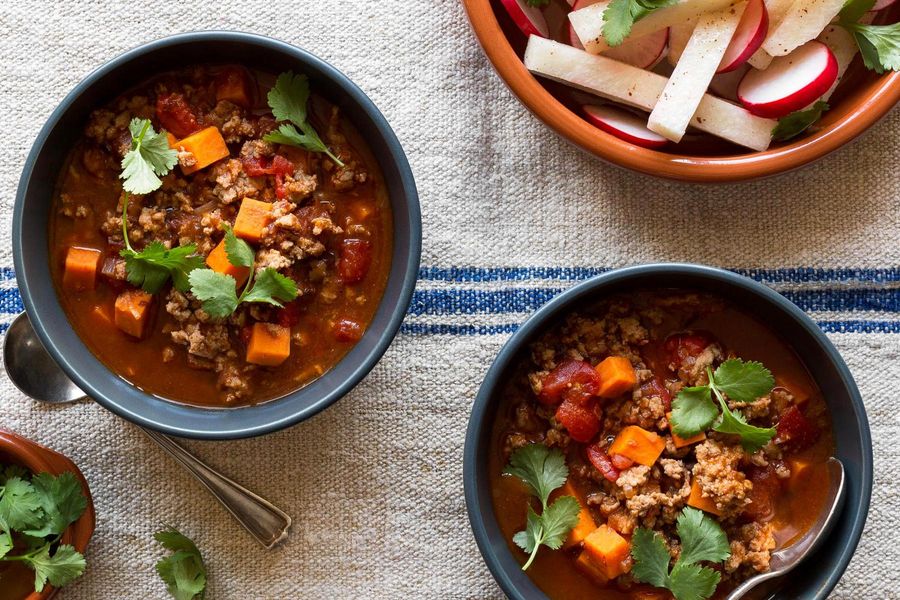 Chipotle turkey chili with jicama-radish salad